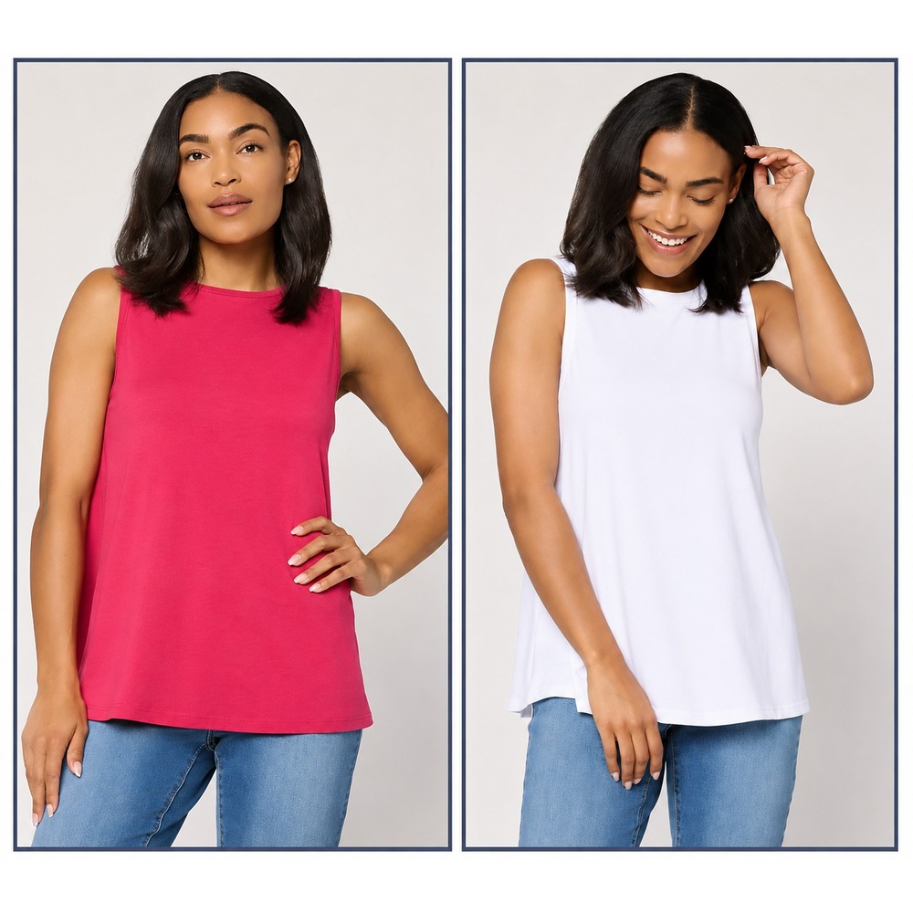Denim & Co. Essentials Favorite Jersey 2-Pack Swing Tanks DpRaspberry/Wht,Sz 2X